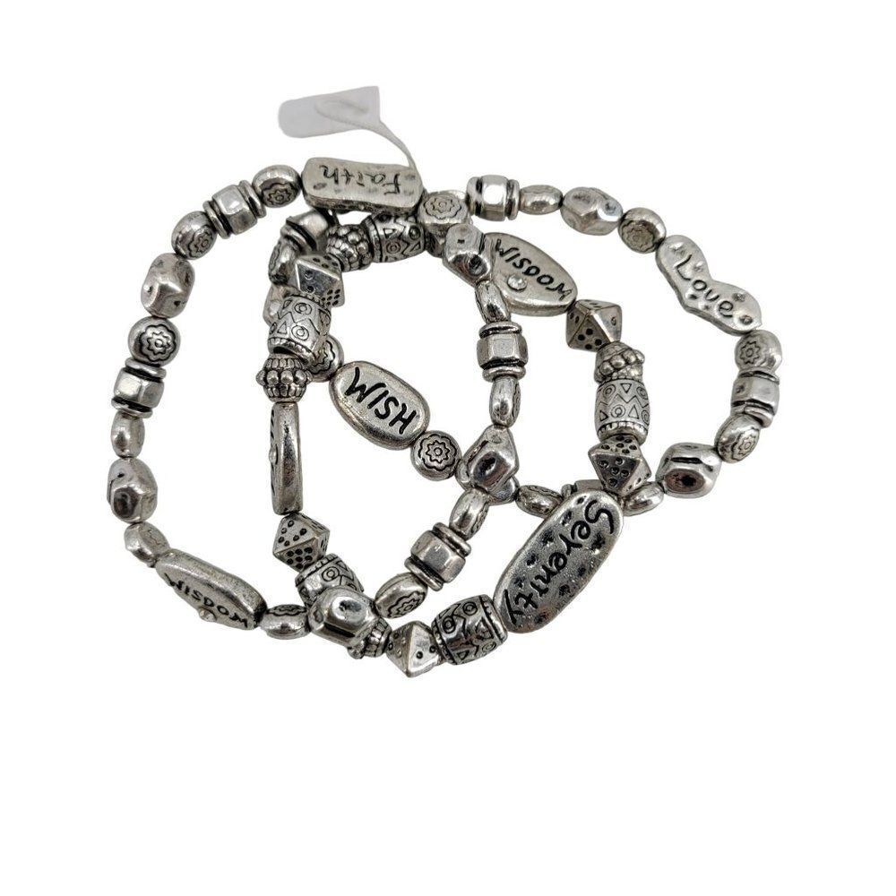 Inspirational 3 Silver Stretch Bracelets Love‎ Joy Faith Wish Serenity Wisdom